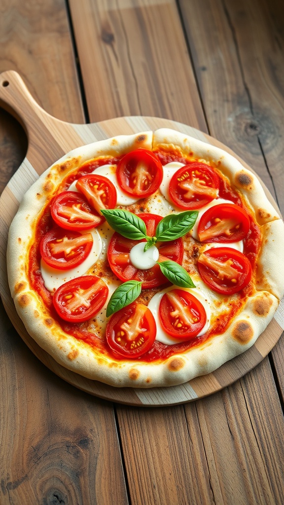 Authentic 100% Biga Pizza Dough Recipe Golden-brown pizza crust made with biga dough, topped with tomatoes, mozzarella, and basil on a wooden peel.